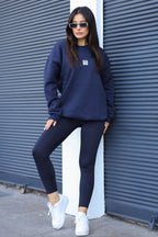 Kadın Lacivert Free Life Baskılı 0 Sıfır Yaka Oversize Salaş Bol Kesim Polar Sweatshirt