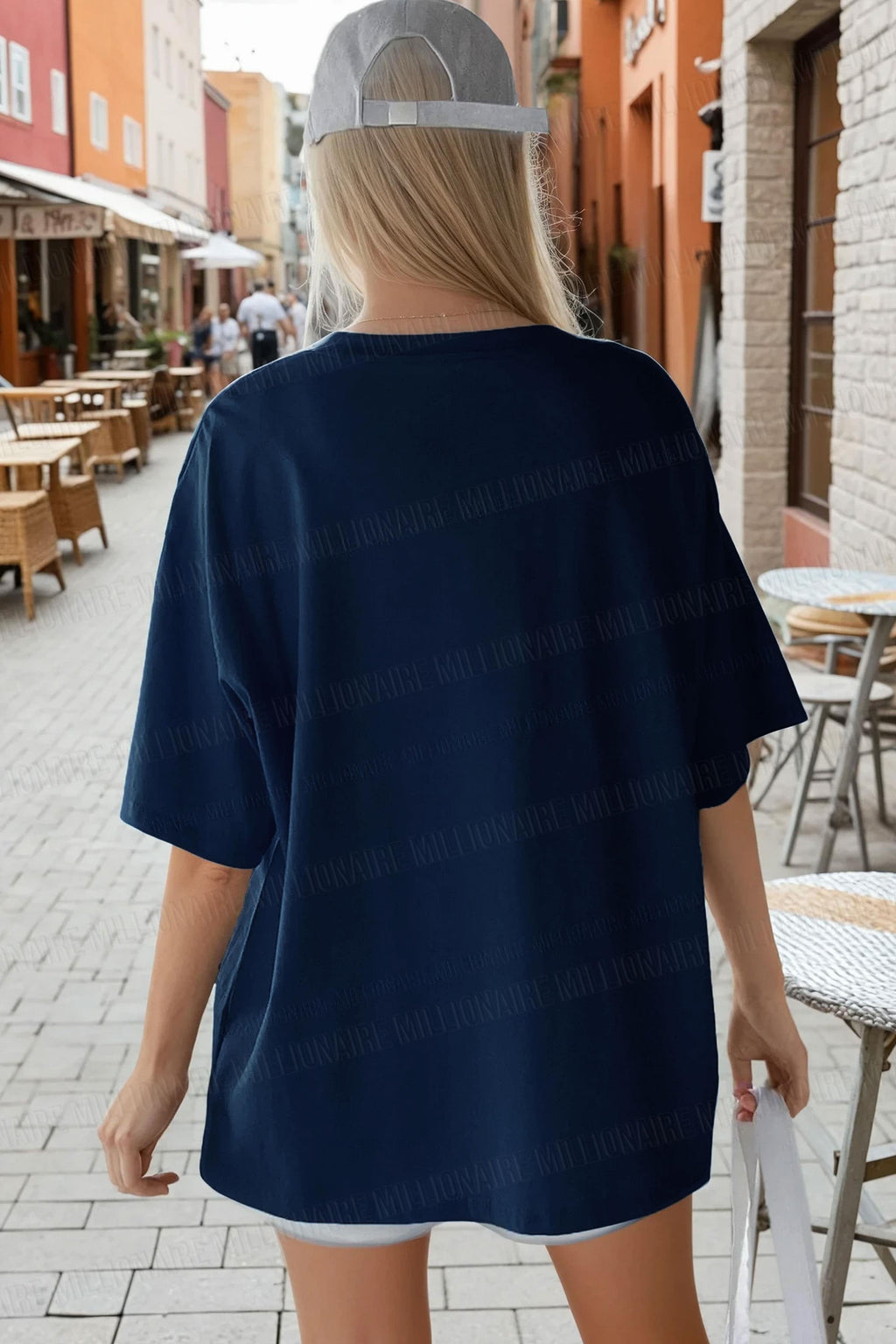 Kadın Lacivert Free Life Bisiklet Yaka Oversize Salas T-Shirt