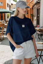 Kadın Lacivert Free Life Bisiklet Yaka Oversize Salas T-Shirt