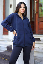Kadin Lacivert Kapüşonlu Fermuarlı 3 Üç İplik Polar Kanguru Oversize Sweatshirt Zip Up Hoodie