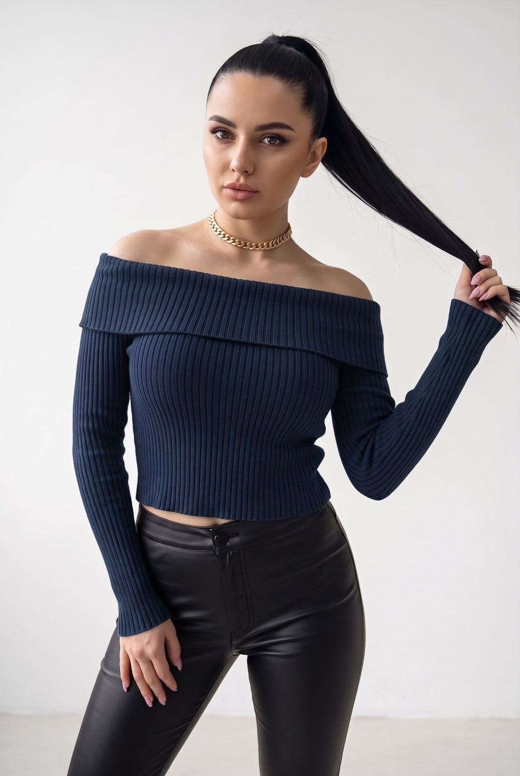 Kadın Lacivert Madonna Yarı Crop Fitilli Bluz Kazak