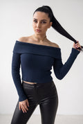 Kadın Lacivert Madonna Yarı Crop Fitilli Bluz Kazak
