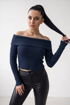 Kadın Lacivert Madonna Yarı Crop Fitilli Bluz Kazak