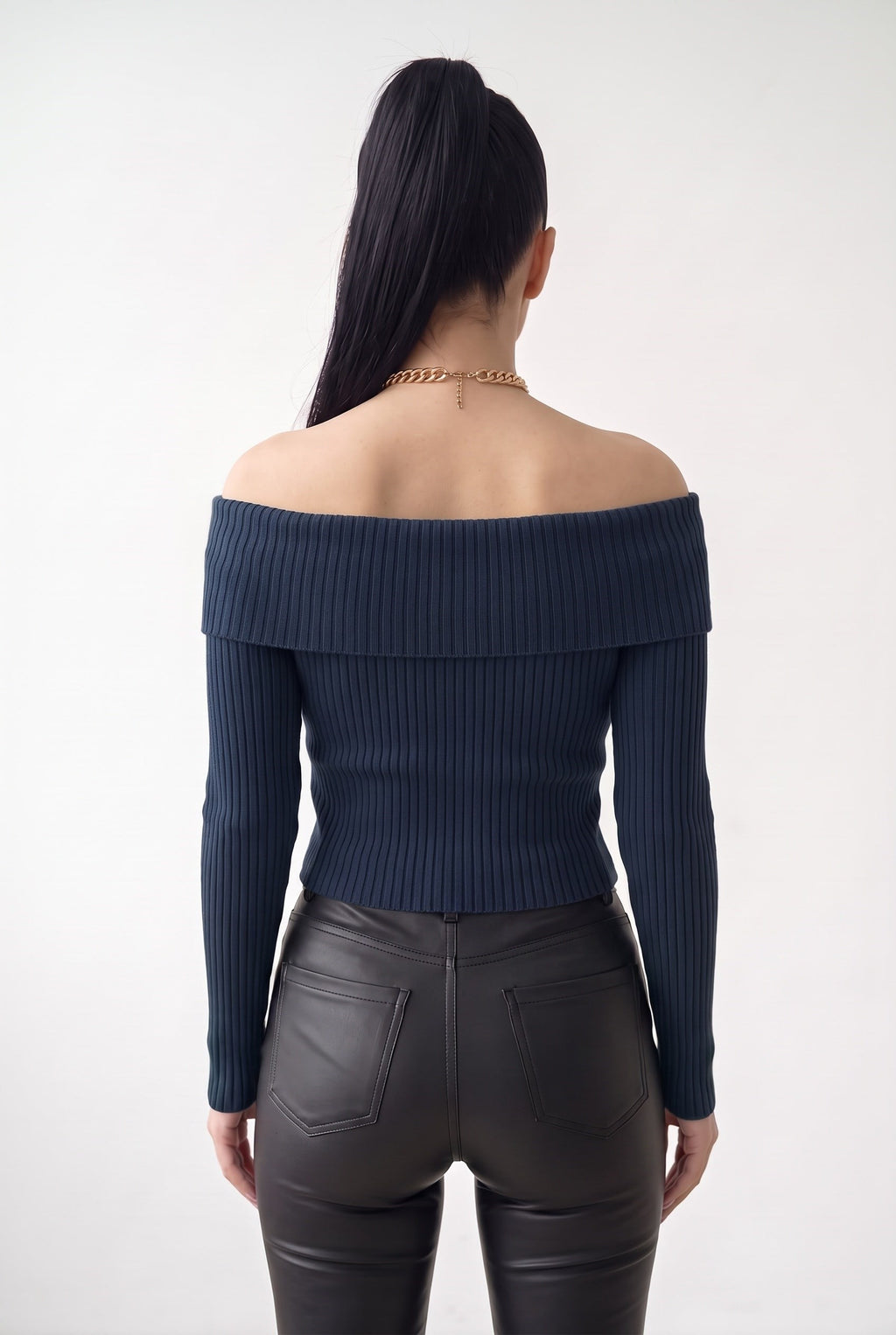 Kadın Lacivert Madonna Yarı Crop Fitilli Bluz Kazak