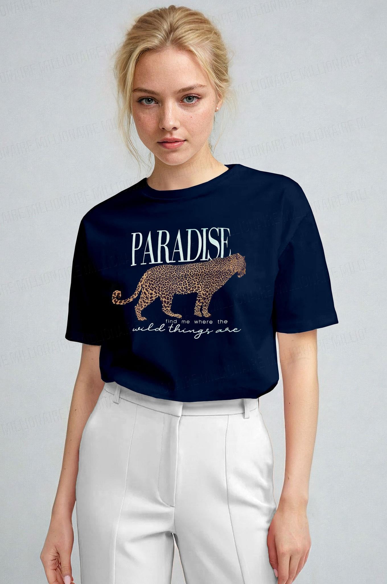 Kadın Lacivert Paradise Leopar Kadın Kısa Kol Relax Fit Rahat Kesim Regular T-shirt