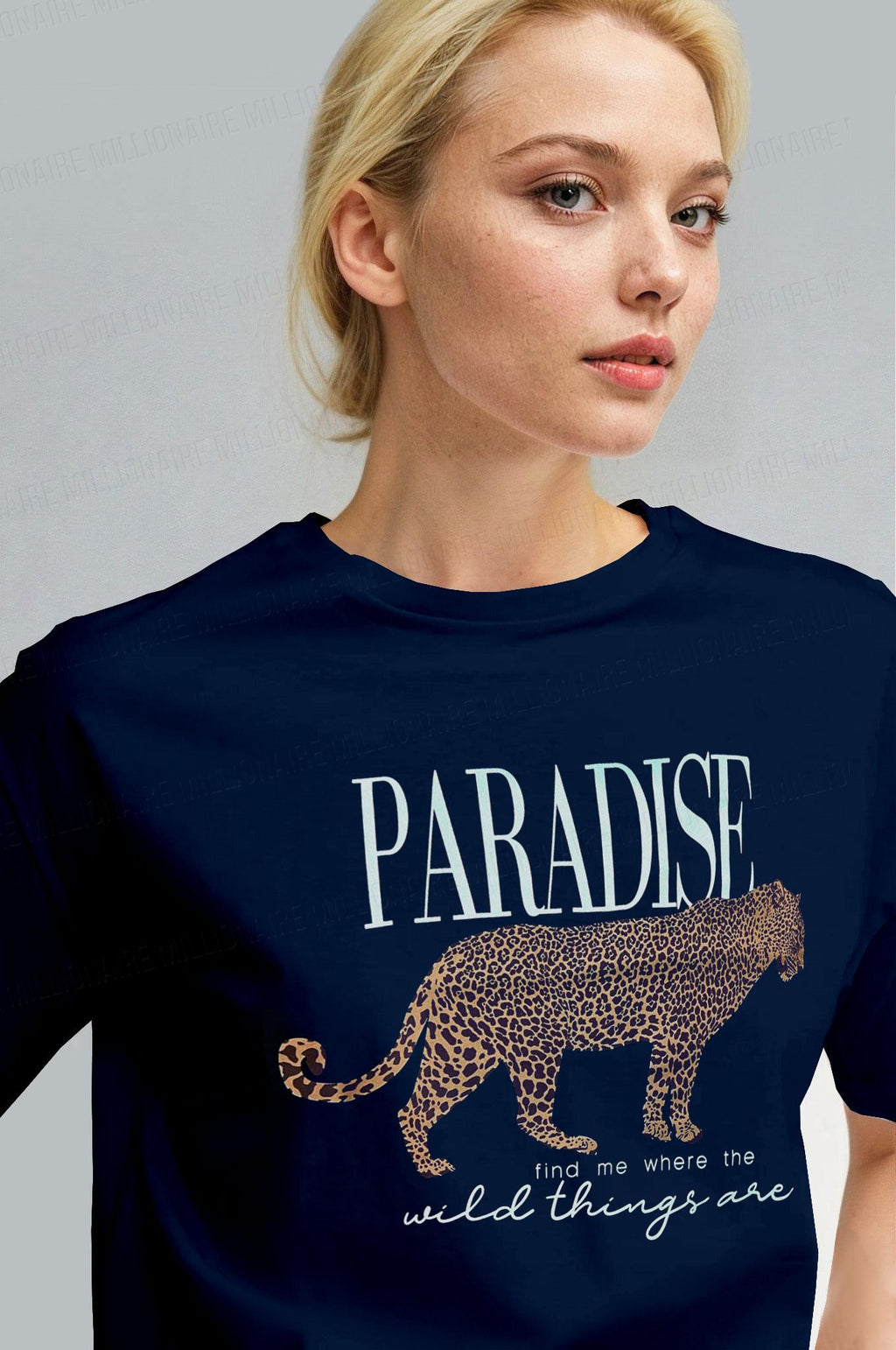 Kadın Lacivert Paradise Leopar Kadın Kısa Kol Relax Fit Rahat Kesim Regular T-shirt
