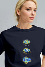 Kadın Lacivert Regular Nazar Göz Baskı Fit Normal Kalıp T-shirt