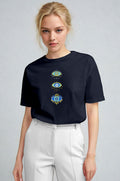 Kadın Lacivert Regular Nazar Göz Baskı Fit Normal Kalıp T-shirt