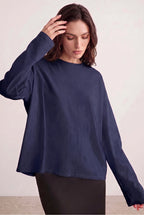 Kadın Lacivert T-shirt Geniş Kol Bisiklet Yaka Uzun Kollu Tişört