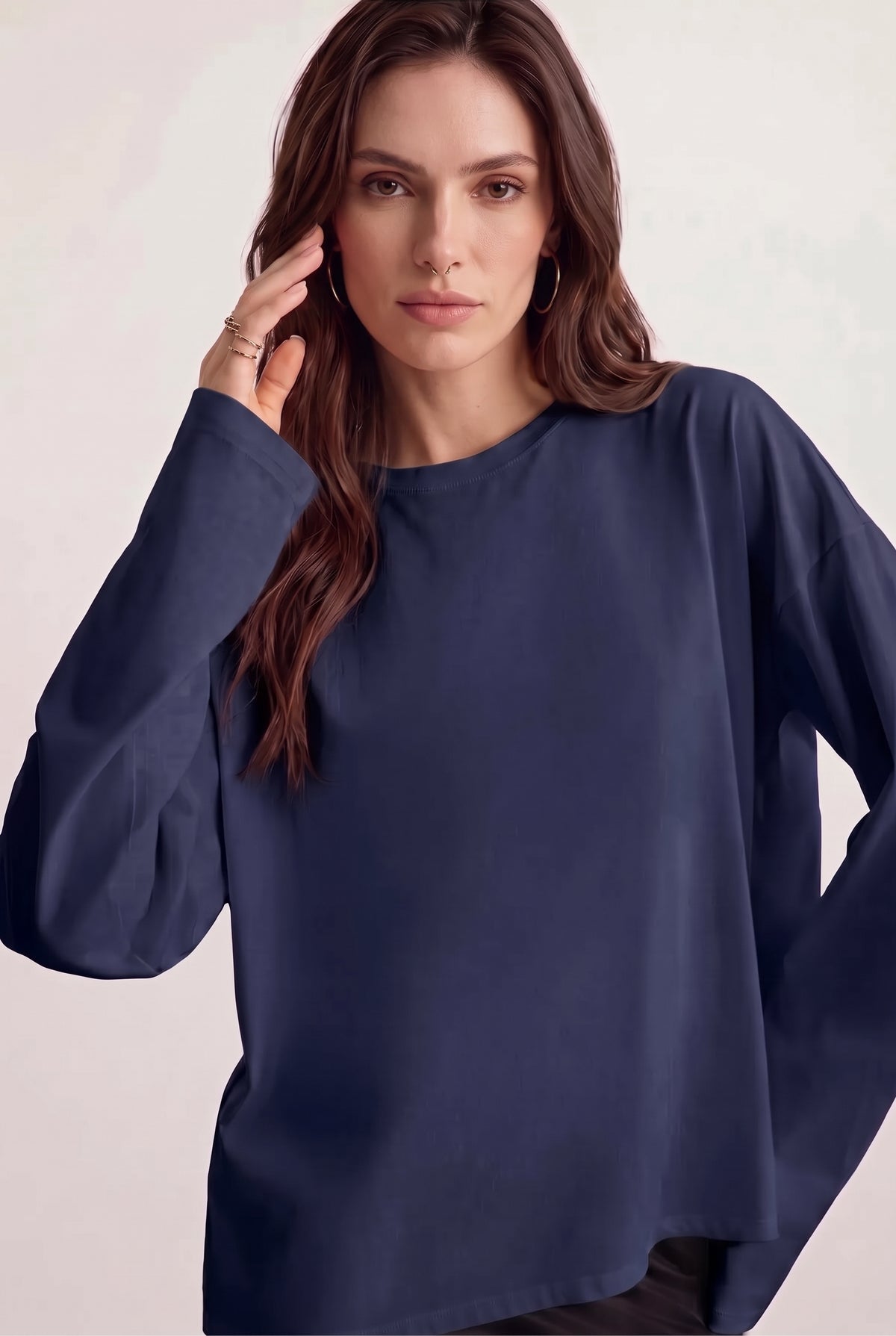 Kadın Lacivert T-shirt Geniş Kol Bisiklet Yaka Uzun Kollu Tişört