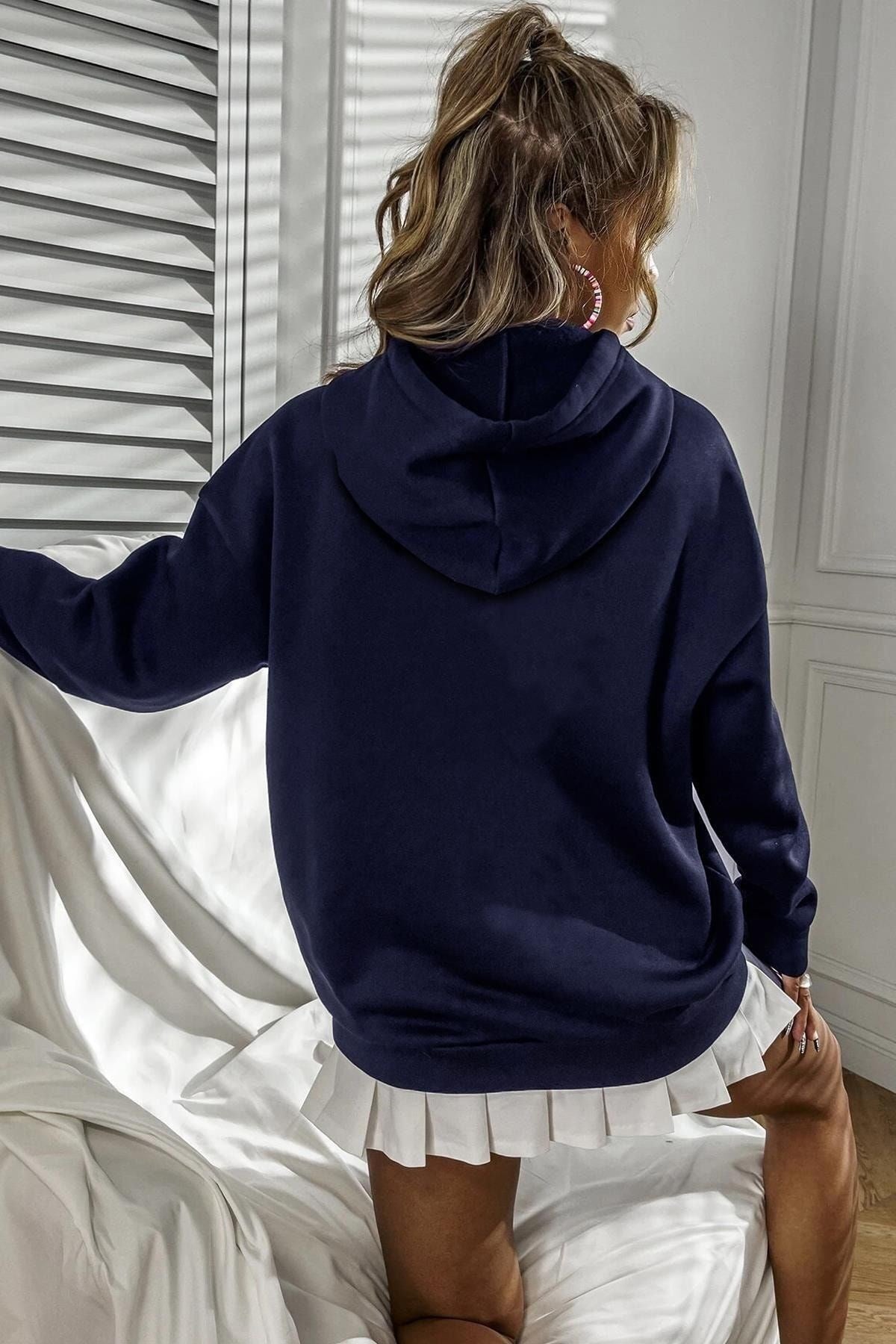 Kadın Lacivert Univeresity Oversize Kapşonlu Sweatshirt