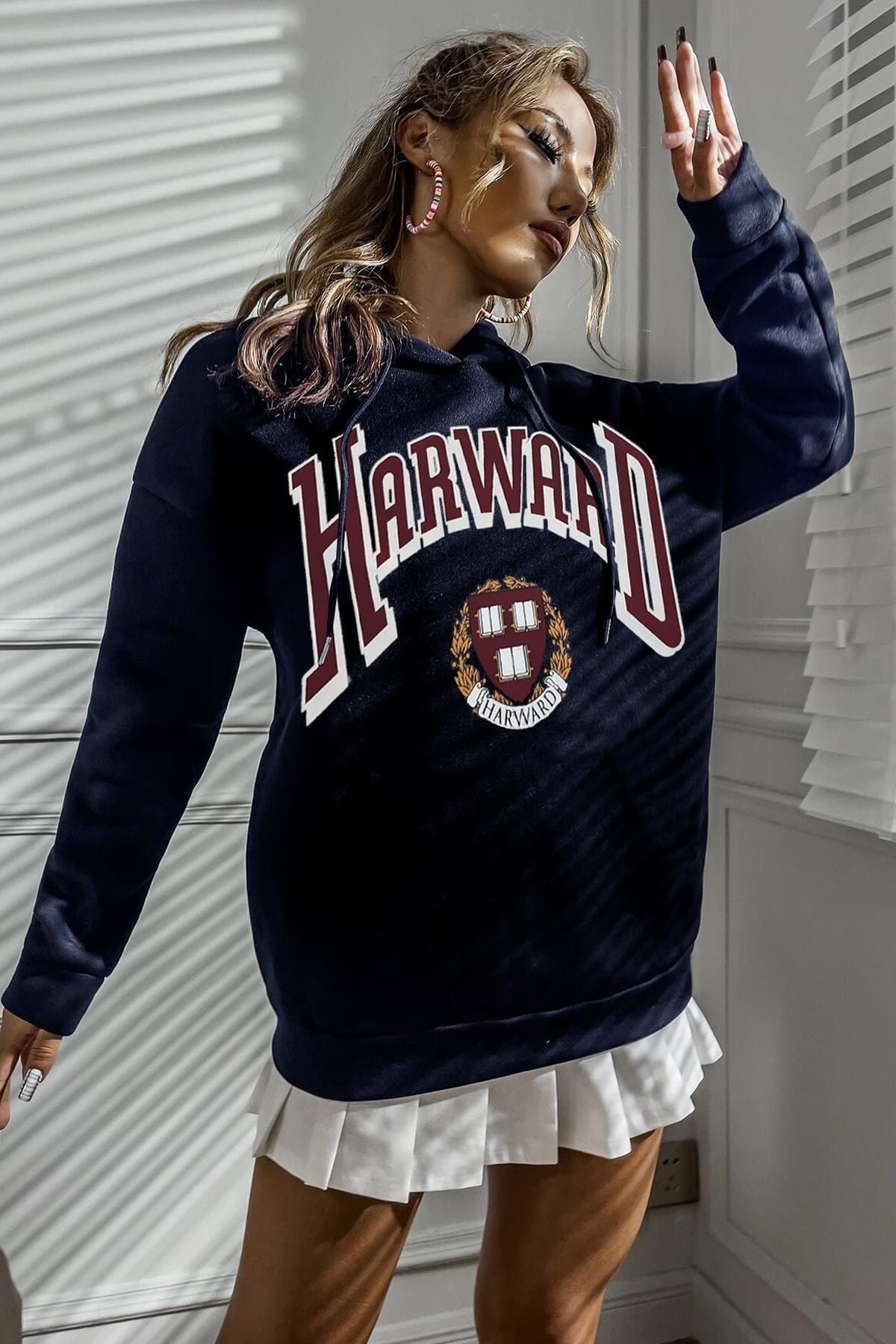 Kadın Lacivert Univeresity Oversize Kapşonlu Sweatshirt