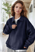 Kadın Lacivert Yarım Fermuar Polo Yaka Oversize Salaş Bol Kesim Polar Sweatshirt