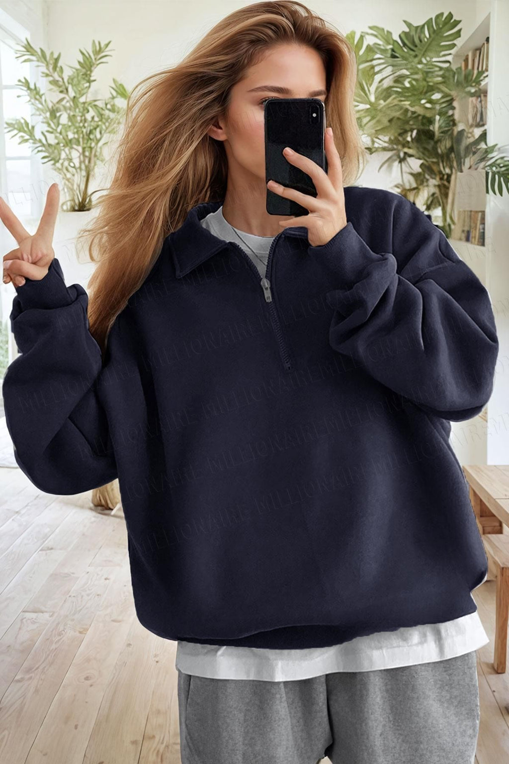 Kadın Lacivert Yarım Fermuar Polo Yaka Oversize Salaş Bol Kesim Polar Sweatshirt