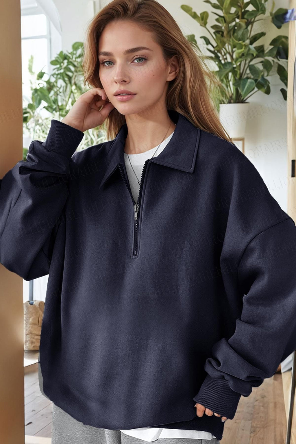 Kadın Lacivert Yarım Fermuar Polo Yaka Oversize Salaş Bol Kesim Polar Sweatshirt