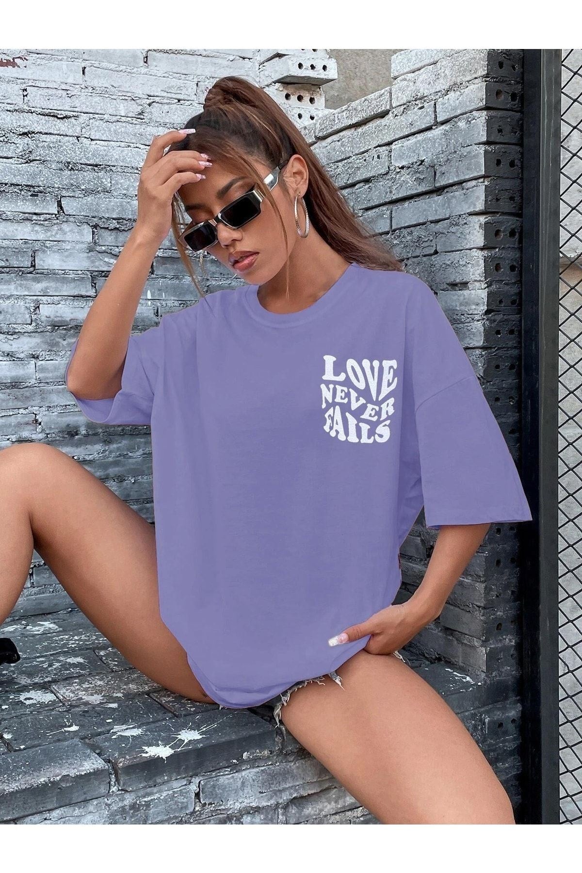 Kadın Lila Love Oversize T-shirt
