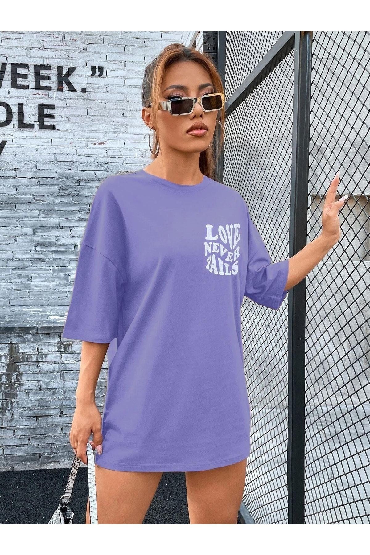 Kadın Lila Love Oversize T-shirt