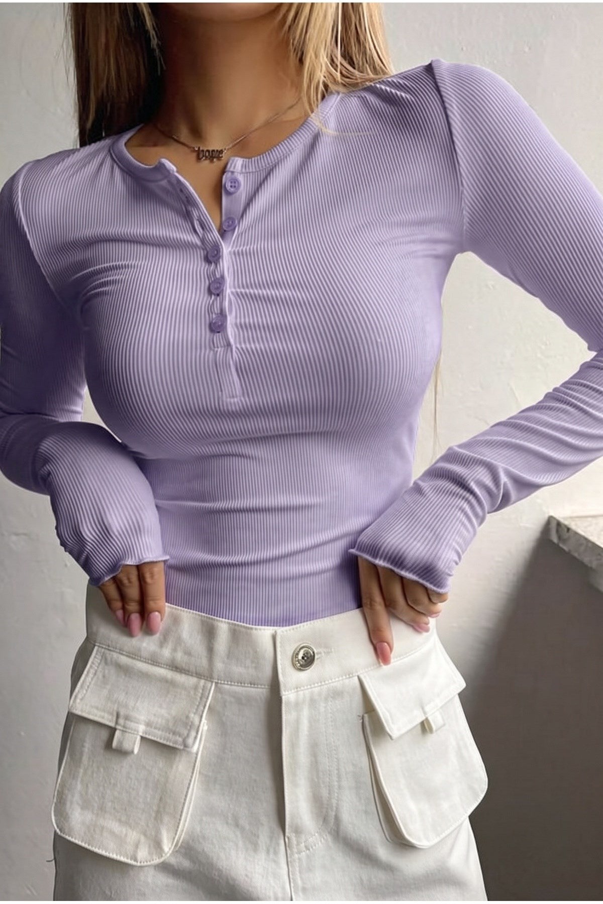 Kadın Lila Renkli Düğme Detaylı Patlı Düğmeli Bisiklet Yaka Uzun Kollu Fitilli Kaşkorse Bluz Body