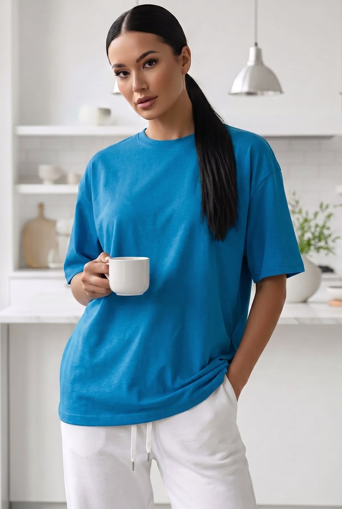 Kadın Mavi Basic Düz Baskısız Oversize Salas T-shirt