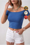Kadın Mavi Renkli Kayık Yaka Vücuda Oturan Basic Esnek Crop Bluz