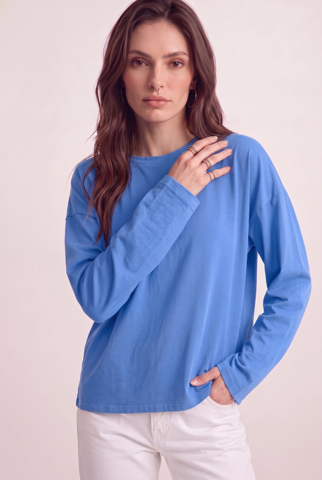 Kadın Mavi T-shirt Geniş Kol Bisiklet Yaka Uzun Kollu Tişört
