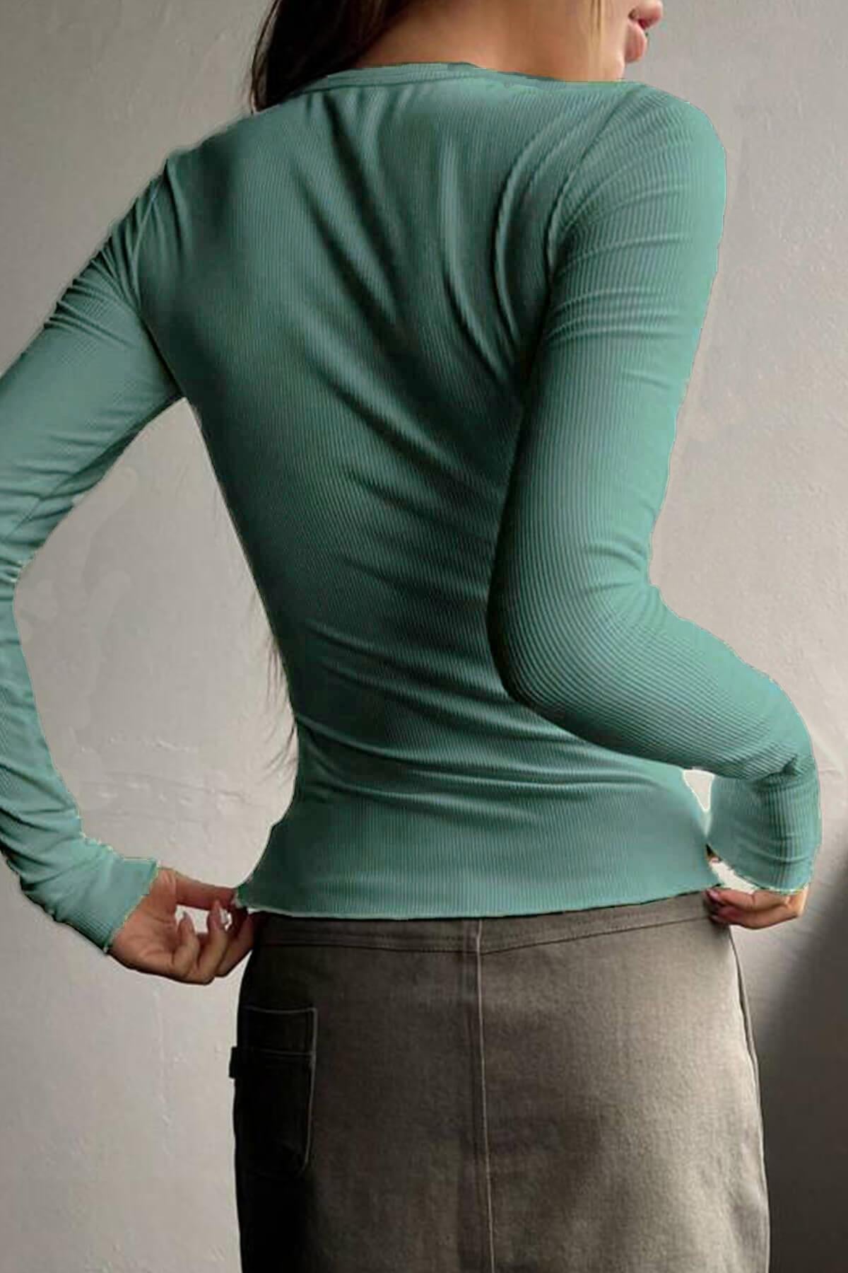 Kadın Mint Yeşili Düğme Detaylı Patlı Düğmeli Bisiklet Yaka Uzun Kollu Fitilli Kaşkorse Bluz Body
