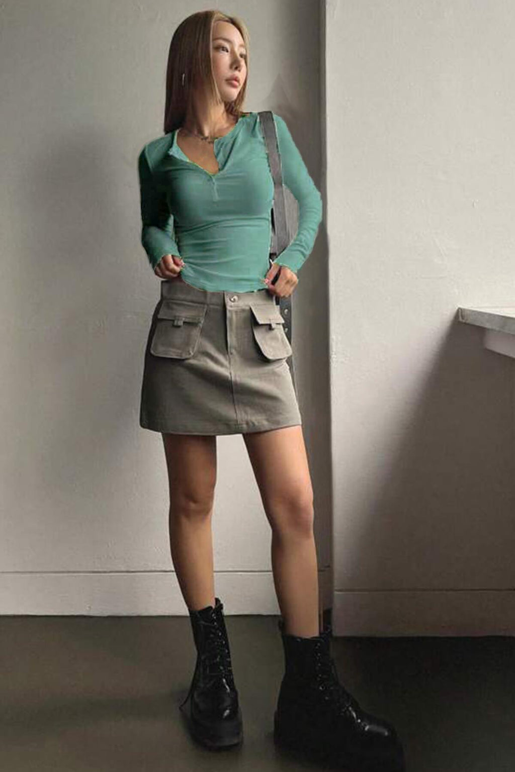 Kadın Mint Yeşili Düğme Detaylı Patlı Düğmeli Bisiklet Yaka Uzun Kollu Fitilli Kaşkorse Bluz Body