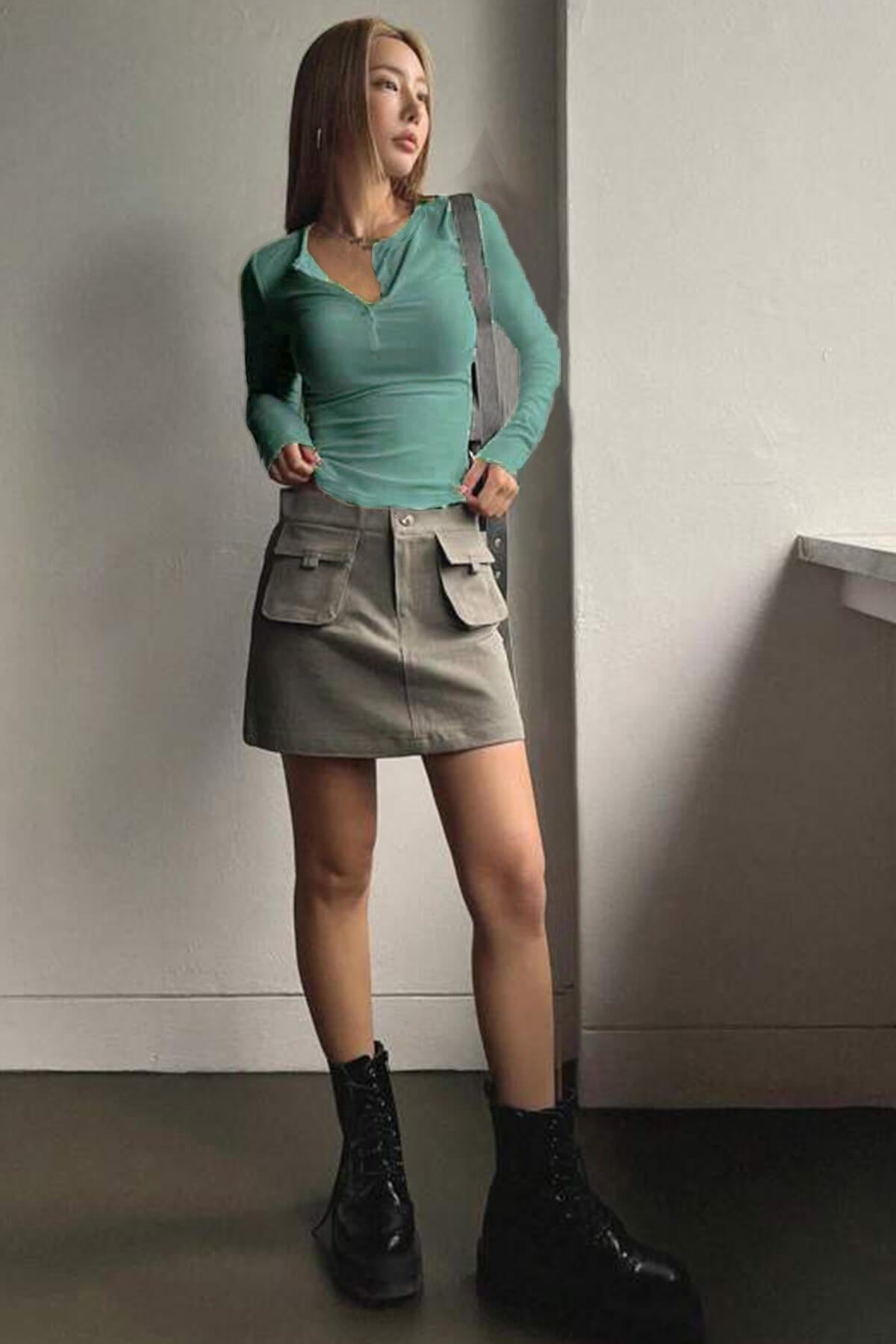 Kadın Mint Yeşili Düğme Detaylı Patlı Düğmeli Bisiklet Yaka Uzun Kollu Fitilli Kaşkorse Bluz Body