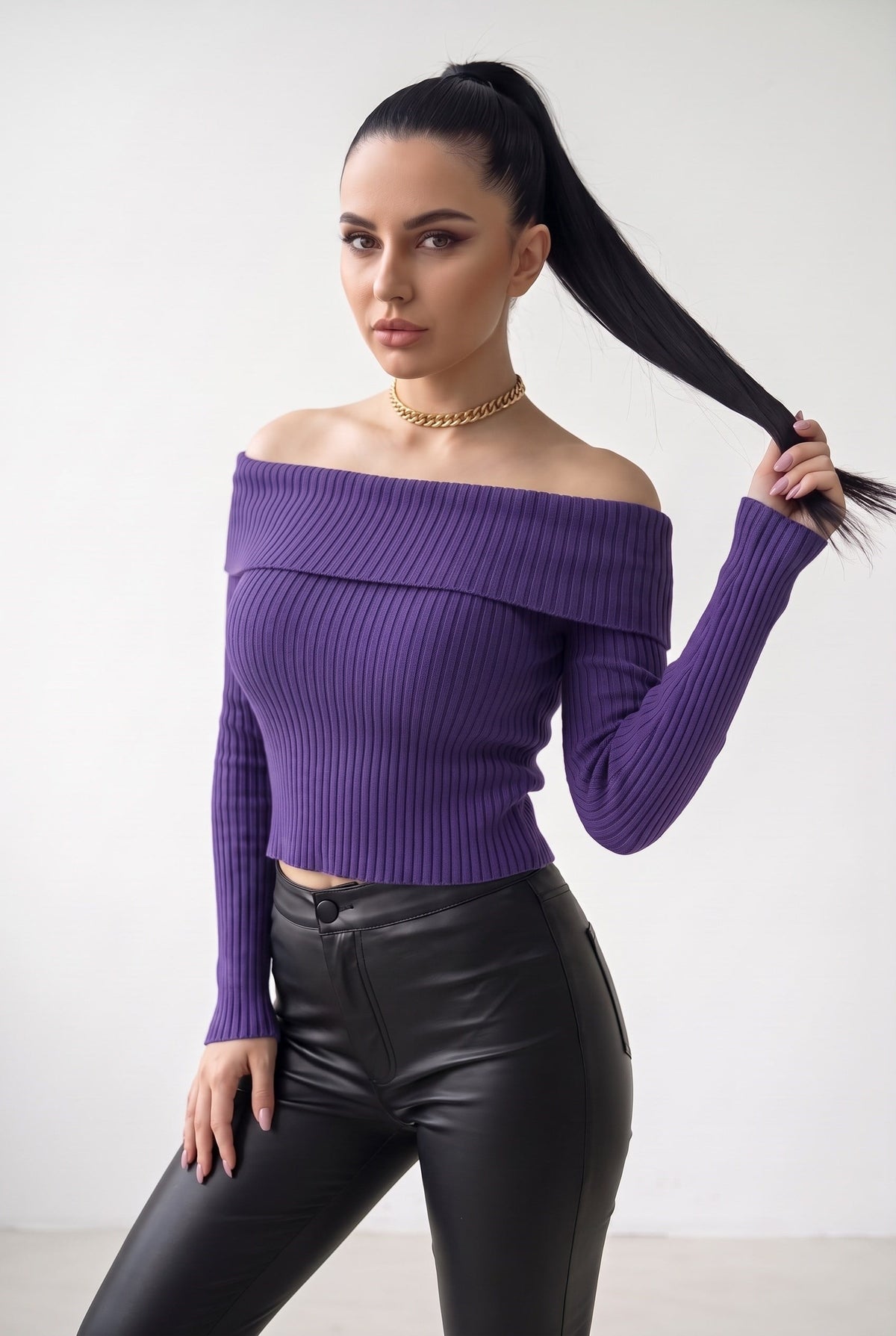 Kadın Mor Madonna Yarı Crop Fitilli Bluz Kazak