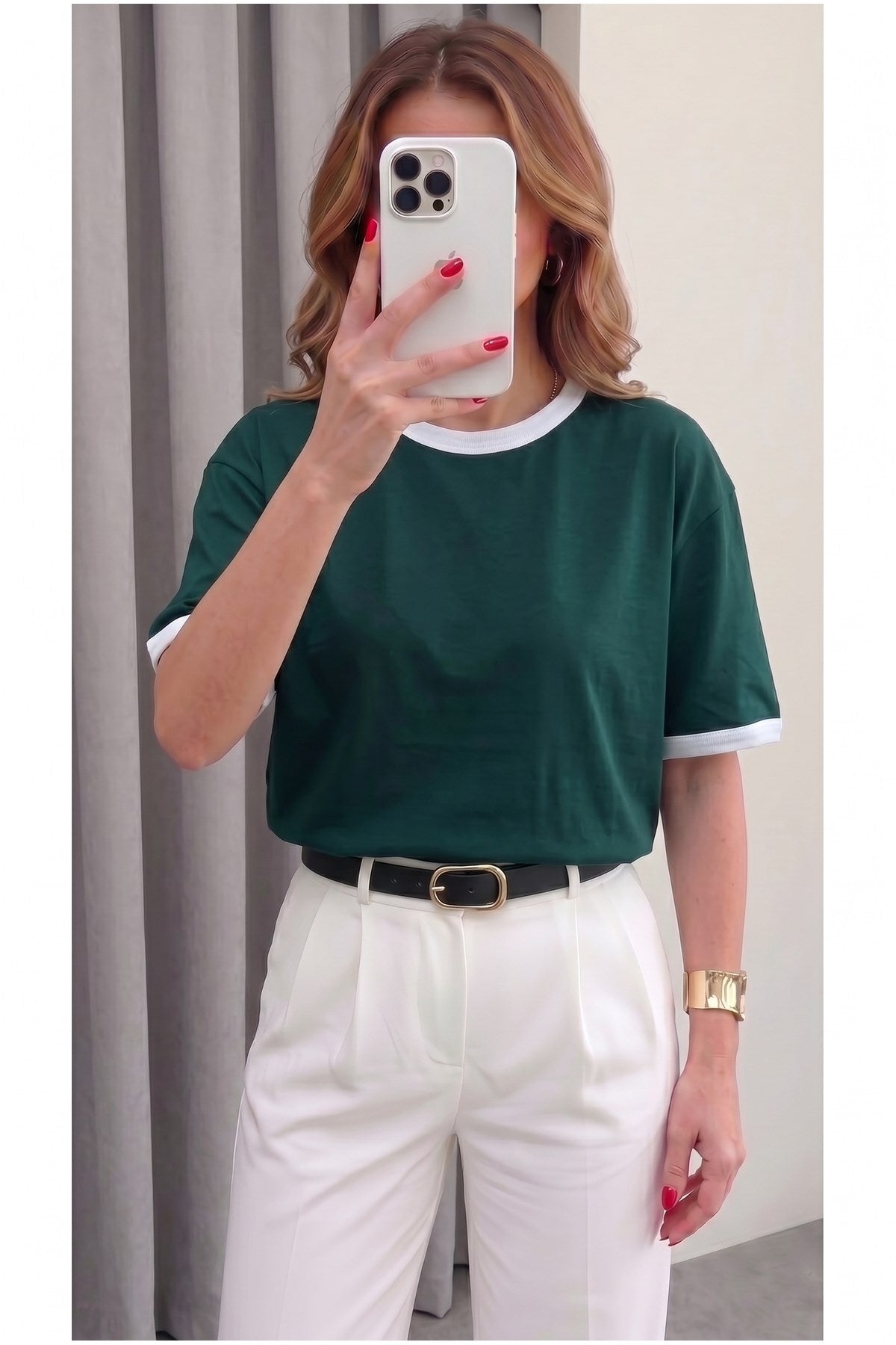 Kadın Nefti Yeşil Beyaz Biye Garnili Orta Kalın Soft Kumaş Bisiklet Yaka Yarım Oversize Salaş T-shirt