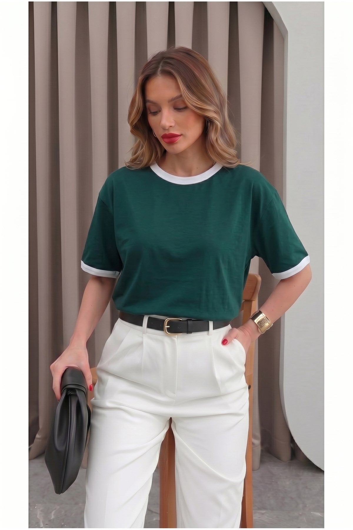 Kadın Nefti Yeşil Beyaz Biye Garnili Orta Kalın Soft Kumaş Bisiklet Yaka Yarım Oversize Salaş T-shirt