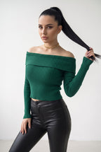 Kadın Nefti Yeşil Madonna Yarı Crop Fitilli Bluz Kazak