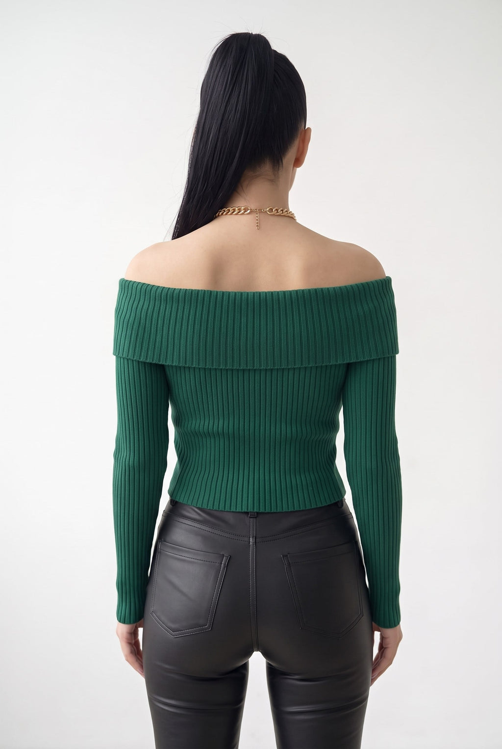 Kadın Nefti Yeşil Madonna Yarı Crop Fitilli Bluz Kazak