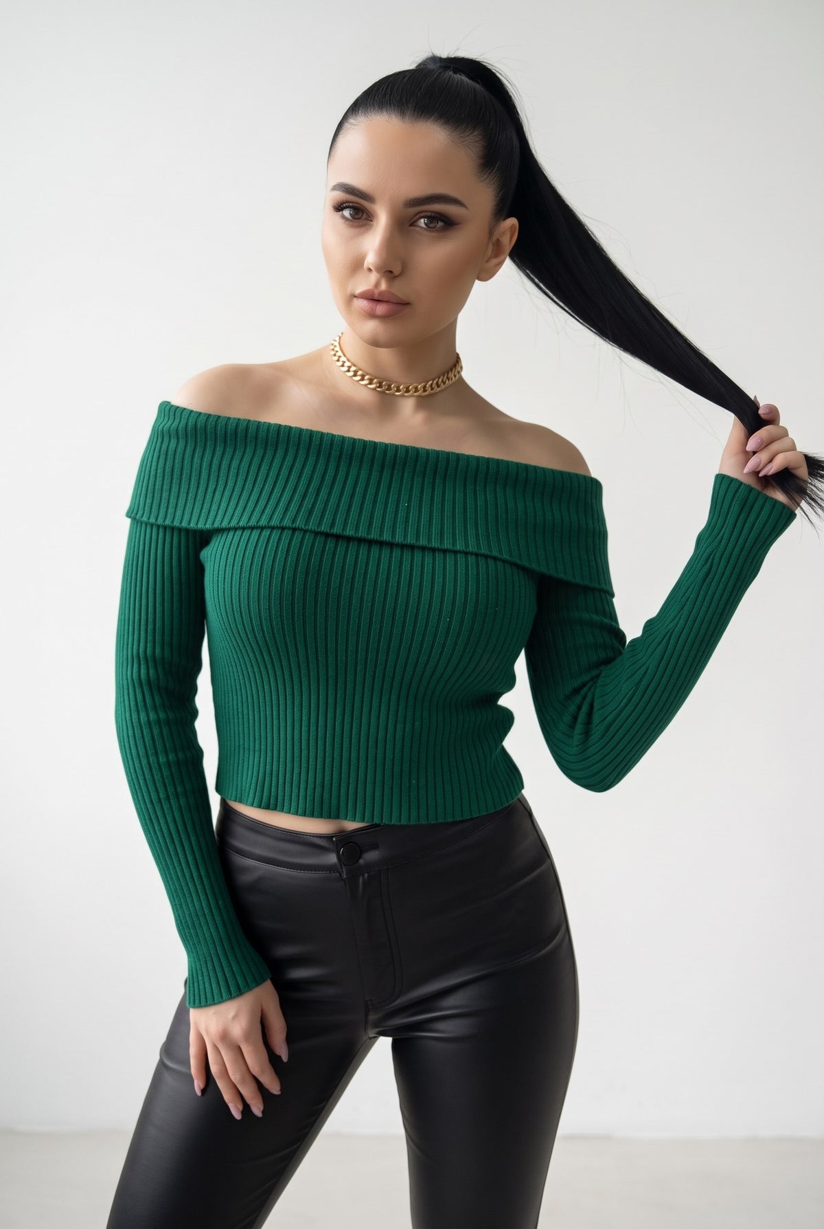 Kadın Nefti Yeşil Madonna Yarı Crop Fitilli Bluz Kazak