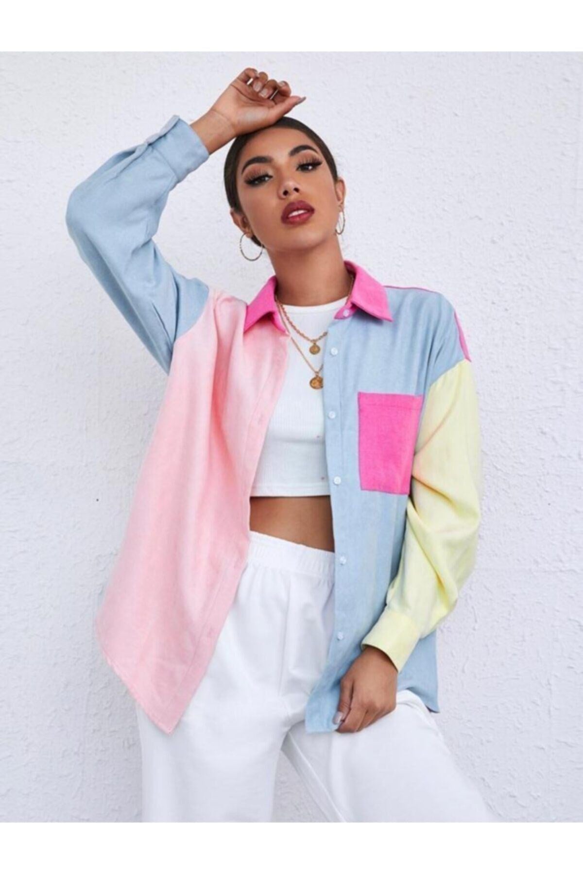 Kadın Pembe Garnili Oversize Gömlek