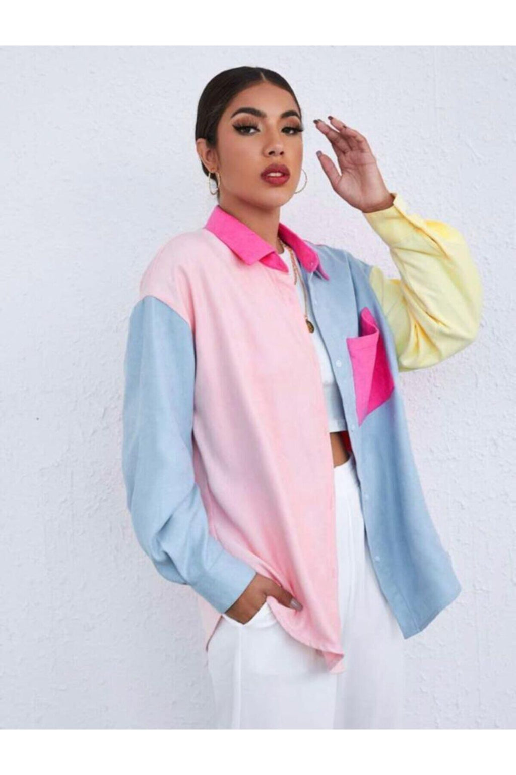 Kadın Pembe Garnili Oversize Gömlek