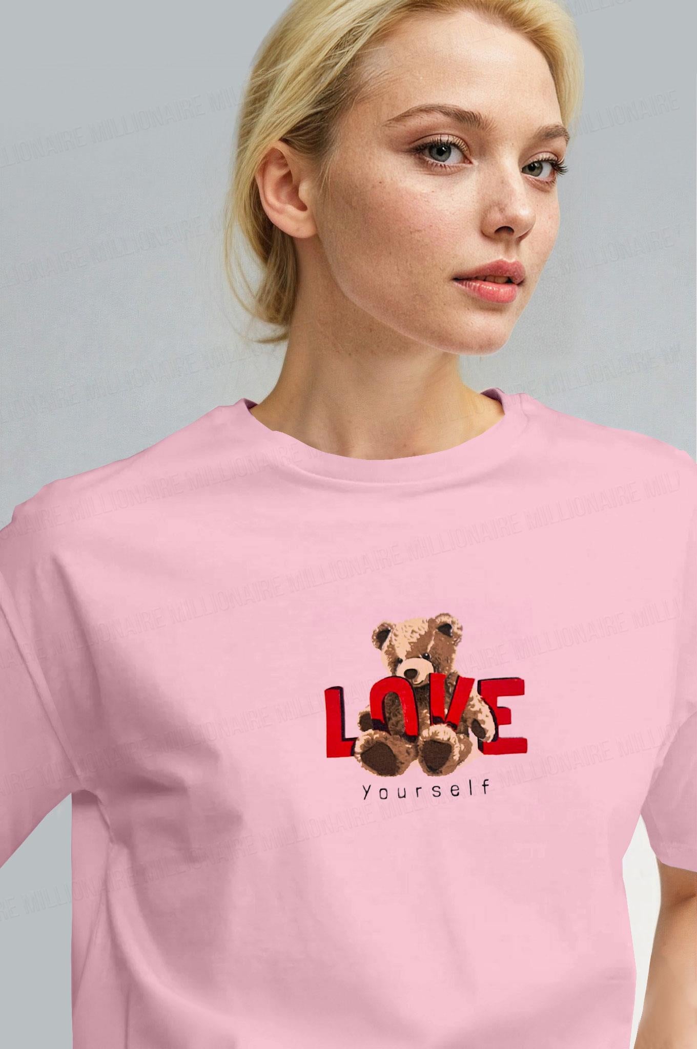 Kadın Pembe Love Ayıcık Teddy Bear Baskı Regular Fit Normal Kalıp T-shirt