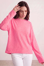 Kadın Pembe Melanj T-shirt Geniş Kol Bisiklet Yaka Uzun Kollu Tişört