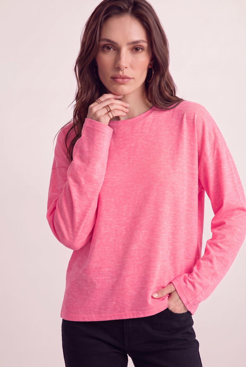 Kadın Pembe Melanj T-shirt Geniş Kol Bisiklet Yaka Uzun Kollu Tişört