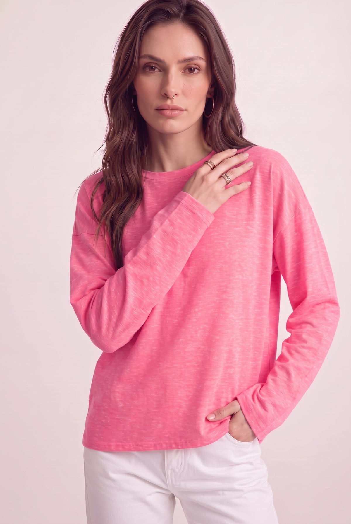 Kadın Pembe Melanj T-shirt Geniş Kol Bisiklet Yaka Uzun Kollu Tişört