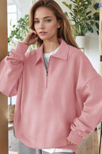 Kadın Pembe Yarım Fermuar Polo Yaka 3 İplik İçi Polarlı Şardonlu Oversize Sweatshirt