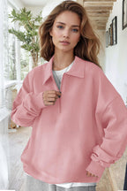 Kadın Pembe Yarım Fermuar Polo Yaka 3 İplik İçi Polarlı Şardonlu Oversize Sweatshirt