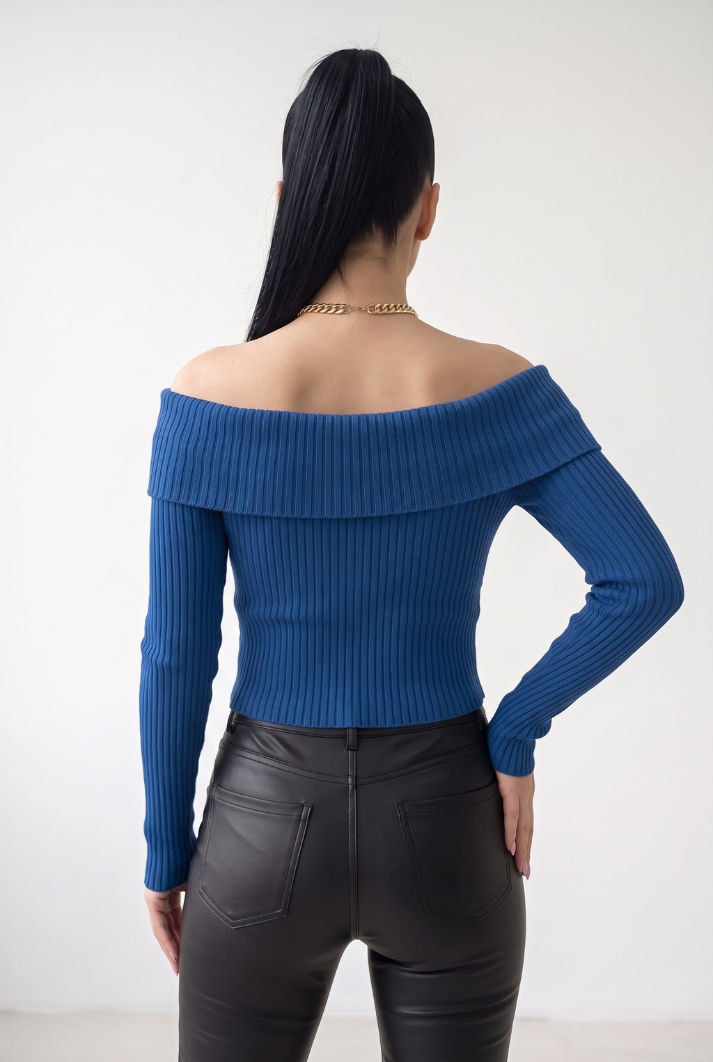 Kadın Saks Mavi Madonna Yarı Crop Fitilli Bluz Kazak