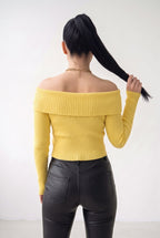 Kadın Sarı Madonna Yarı Crop Fitilli Bluz Kazak