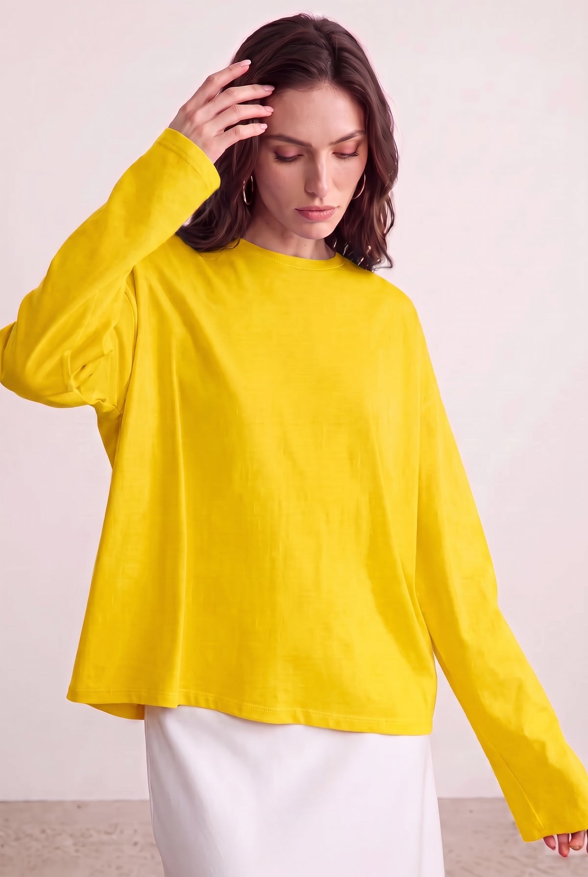 Kadın Sarı T-shirt Geniş Kol Bisiklet Yaka Uzun Kollu Tişört