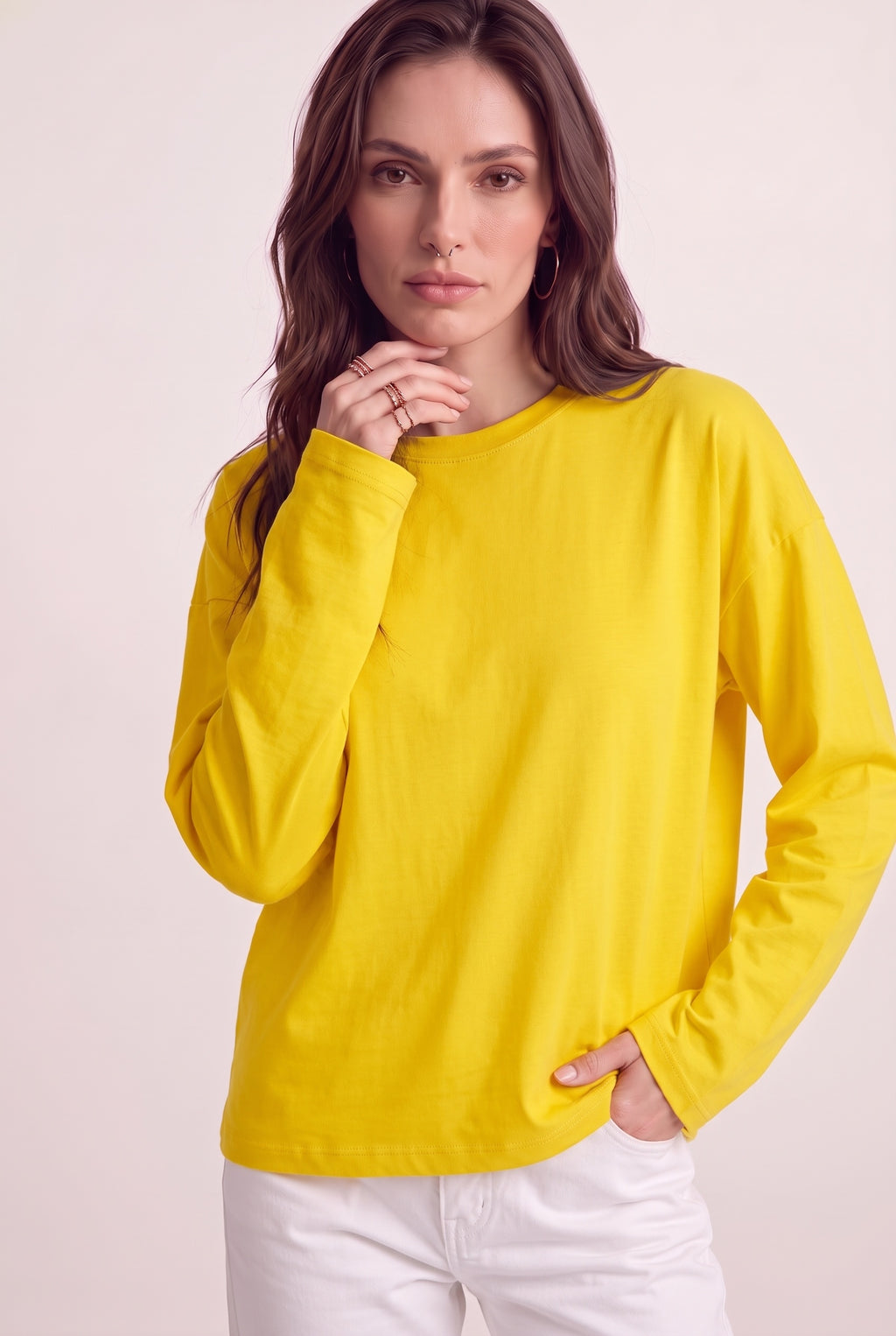 Kadın Sarı T-shirt Geniş Kol Bisiklet Yaka Uzun Kollu Tişört