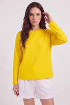 Kadın Sarı T-shirt Geniş Kol Bisiklet Yaka Uzun Kollu Tişört