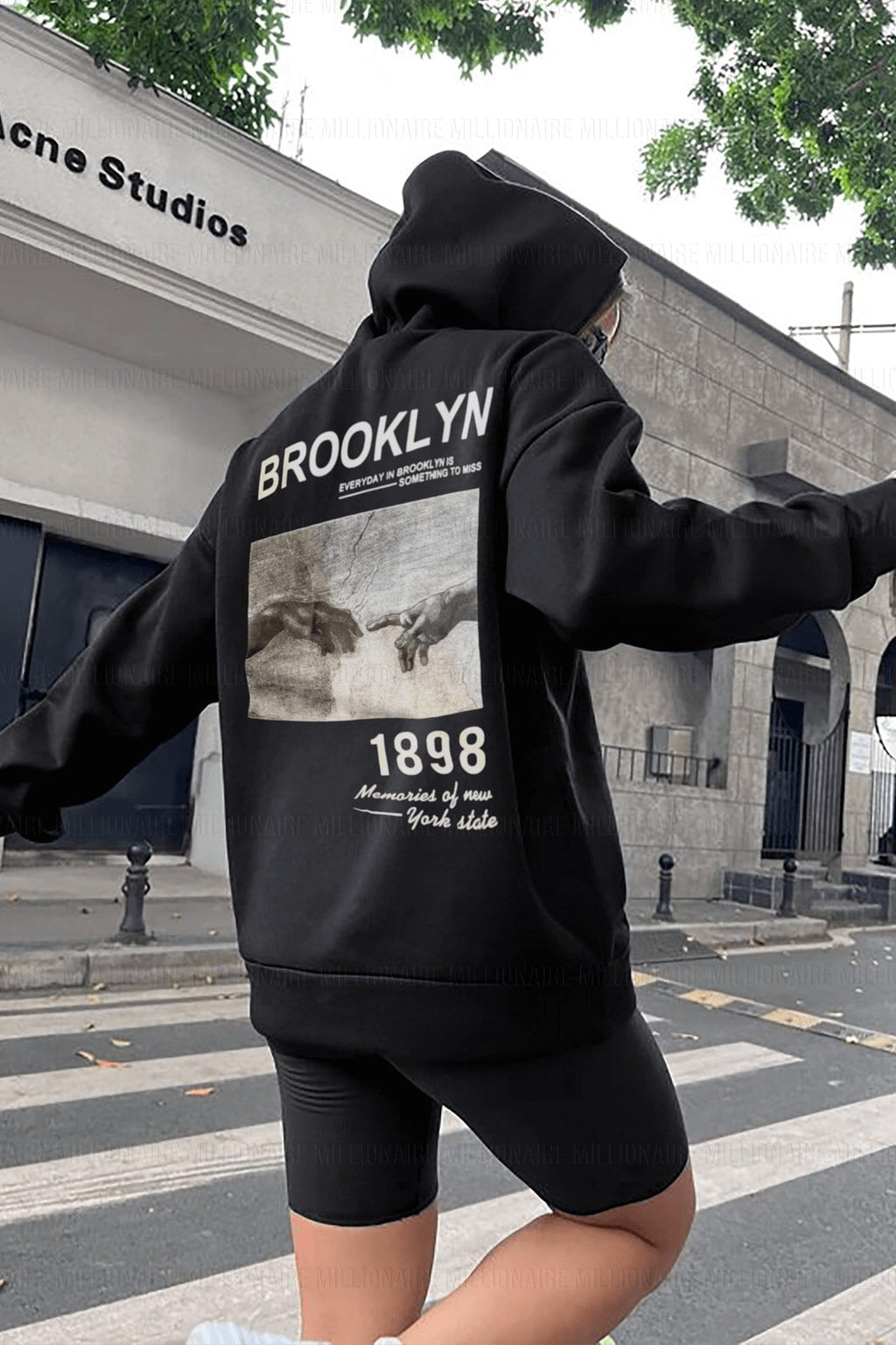 Kadın Siyah 1898 Baskılı 3 Iplik Şardonlu Kapüşonlu Oversize Salaş Bol Kesim Hoodie Sweatshirt