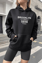 Kadın Siyah 1898 Baskılı 3 Iplik Şardonlu Kapüşonlu Oversize Salaş Bol Kesim Hoodie Sweatshirt