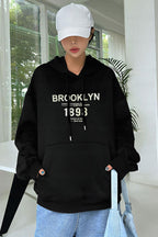 Kadın Siyah 1898 Baskılı Baskılı 3 iplik Şardonlu Kapüşonlu Oversize Salaş Bol Kesim Hoodie Sweatshirt
